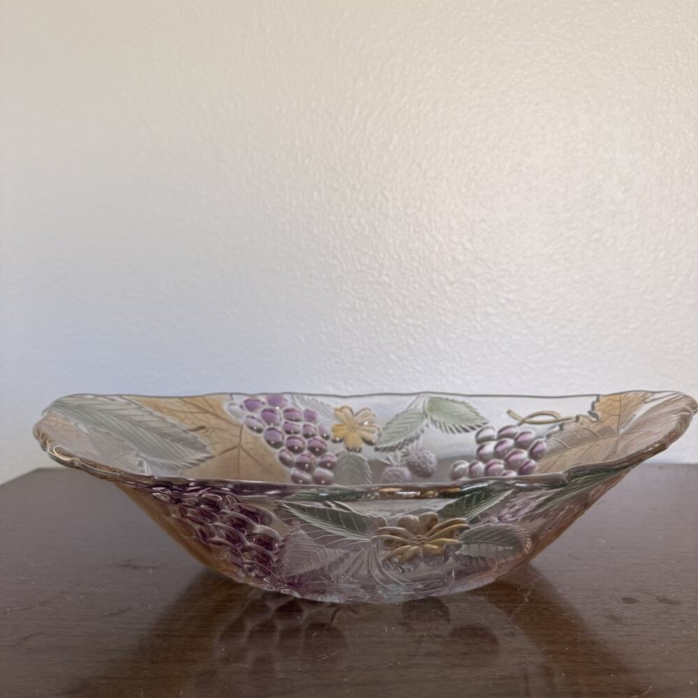 Mikasa Chablis Wild Orchard Glass Serving Bowl Grapes Leaves 14” Vintage